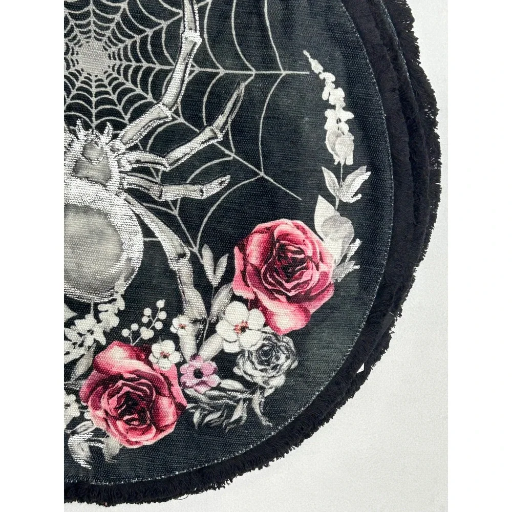 Tahari Home Set of 4 Round Placemats Black Spider Web Floral Pink Goth 15 inch